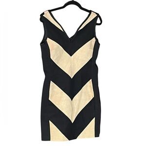 IRIS BLACK & TAN STRIPED BODYCON SLEEVELESS SHEATH MIDI DRESS GREAT COND 10